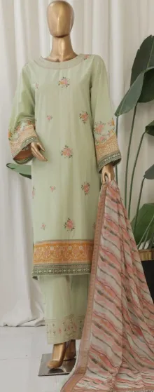 Pakistani Original Bin Saeed luxury Stitched Cotton Embroidered 3 Pcs _ Mint 